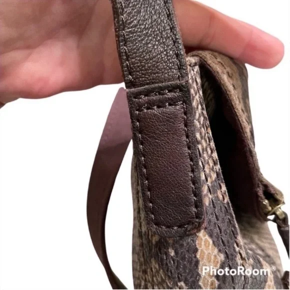 Lucky Brand Crossbody Bag Snake Embossed Leather Purse Brown Tan